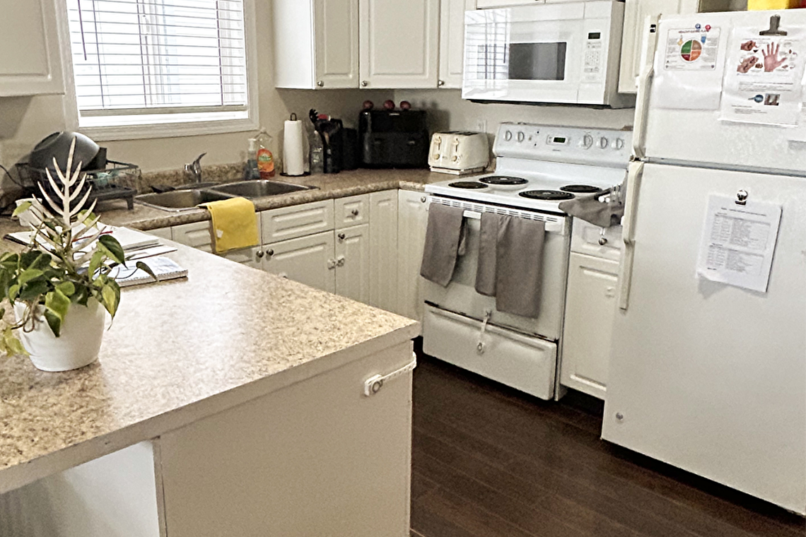 kicthen with counter, fidge and stove